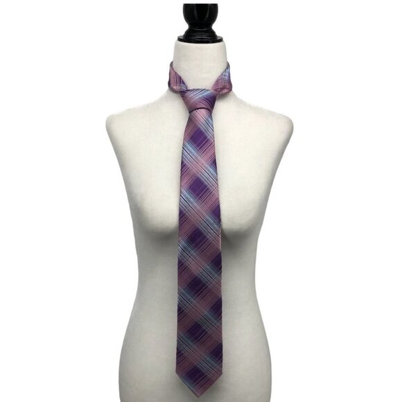 Ted Baker Purple & Pink Plaid Striped Silk Neck Tie - Picture 1 of 12